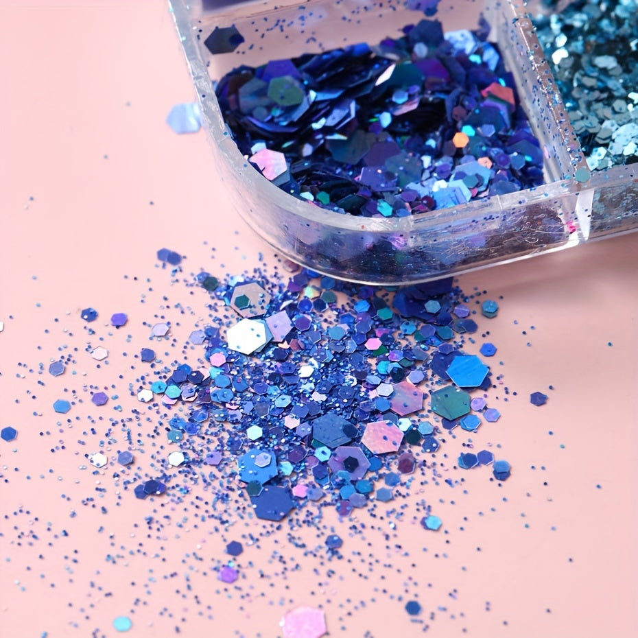 FULL BEAUTY Sparkly Blue Nail Glitter Set: 12 Grids of Shimmering Blue Sequins, Diamond Chrome, Fine Powder, Dust, Chunky Flakes, and Paillettes for DIY Manicure Decoration